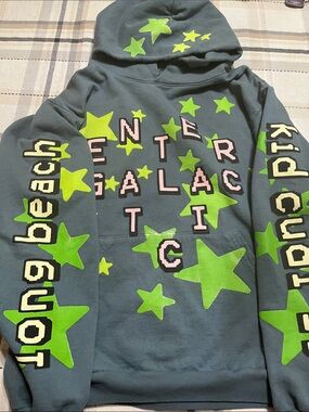 Kid Cudi Slate Blue Hoodie with Neon Green Stars & Pink Lettering